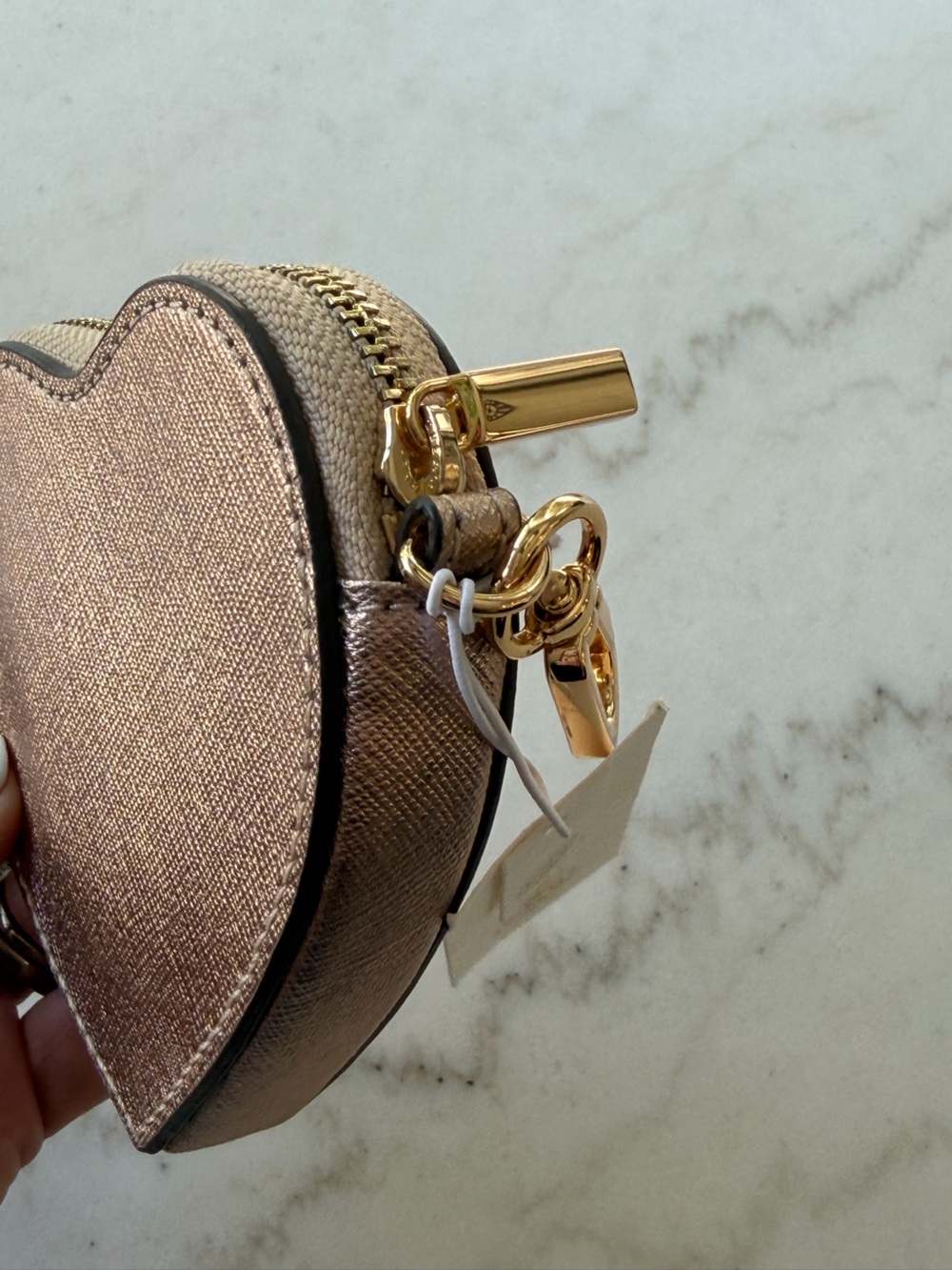 Tory Burch Metallic Rose Gold Heart Leather Coin Purse Keychain Charm NWT - Picture 9 of 11
